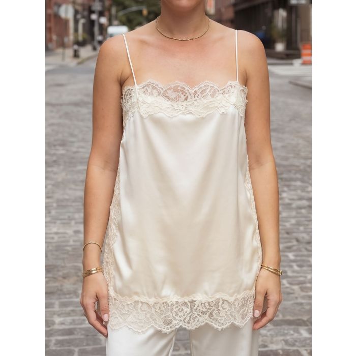 Luxury Lace Square Neck Side Slit Resort Longline Cami Satin Top