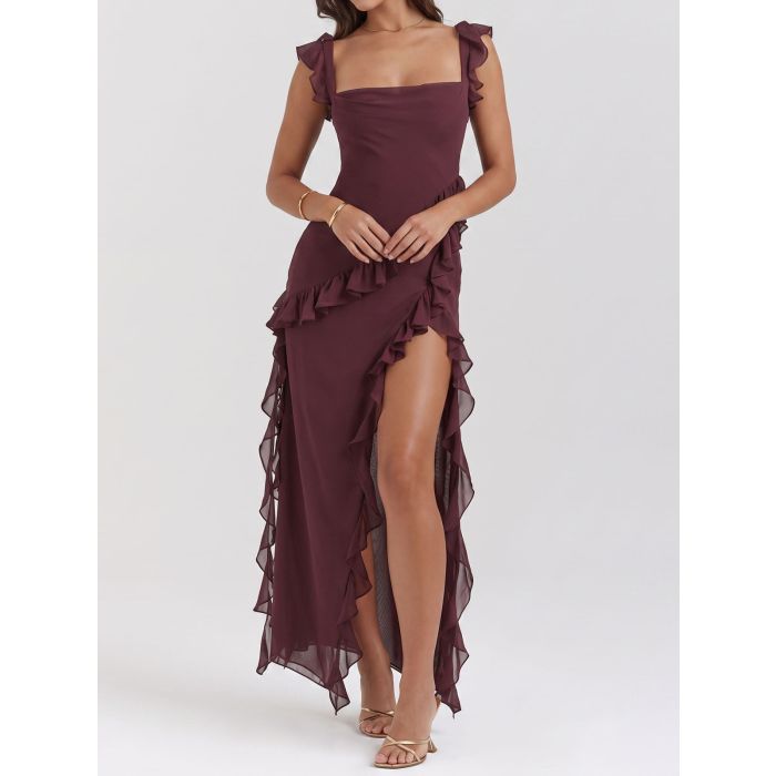 Flowy Ruffled Square Neck Sleeveless High Slit Sleeveless Midi Dress