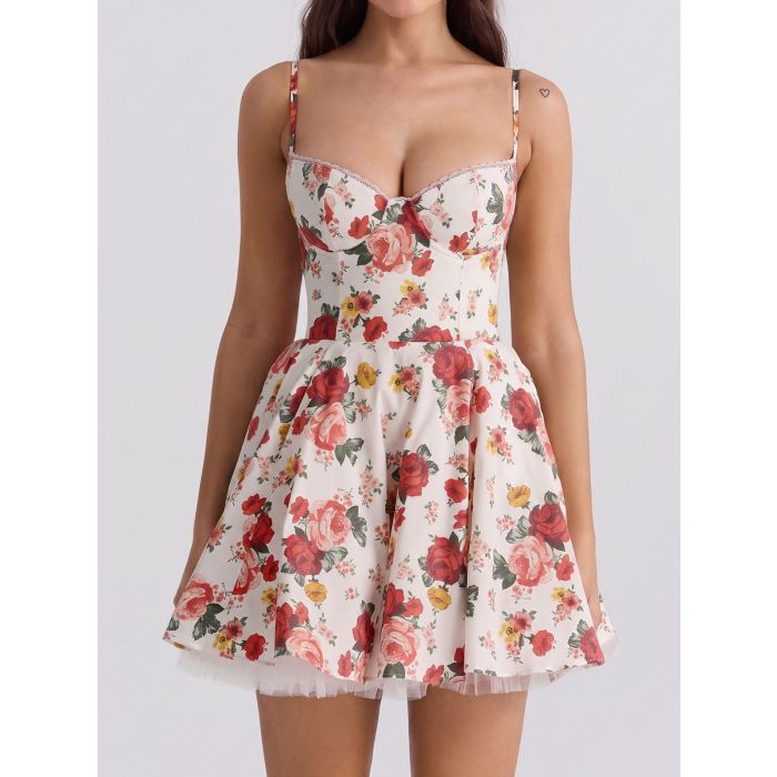 Romantic Floral Satin Sweetheart Tulle Layer Resort Mini Sundress