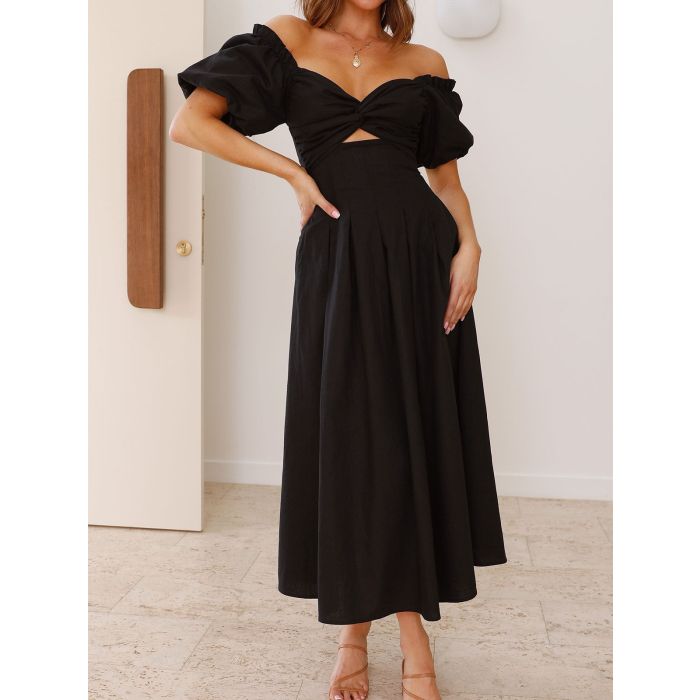 Resort Twist V-Neck Cutout Pocket Puff Sleeve Midi Dress