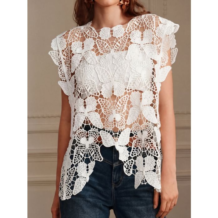 Asymmetrical Sleeveless Beach Butterfly Crochet Knit Cover-Up