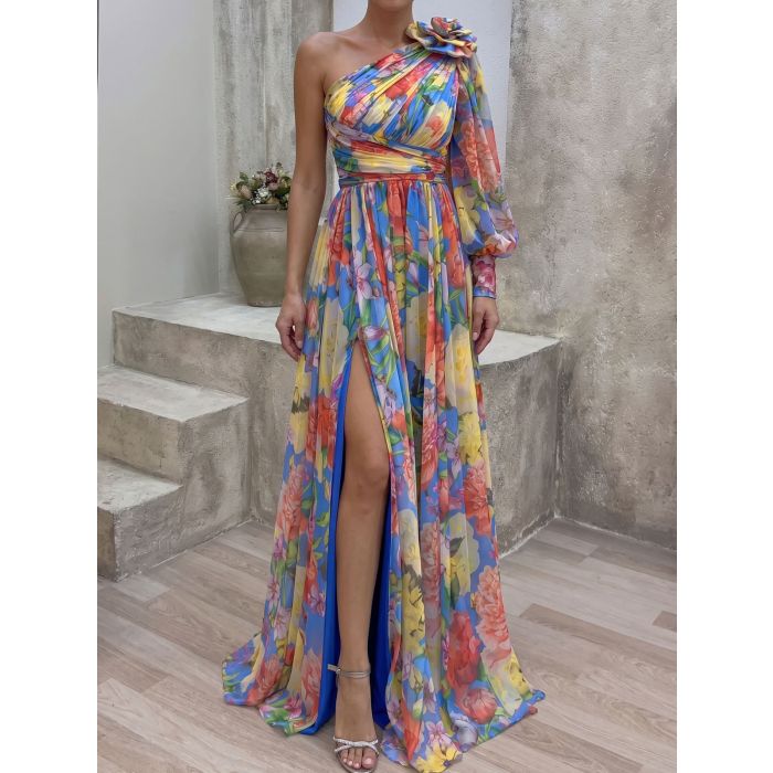 Colorful 3D Flower One Shoulder Long Sleeve Slit Ruched Maxi Dress