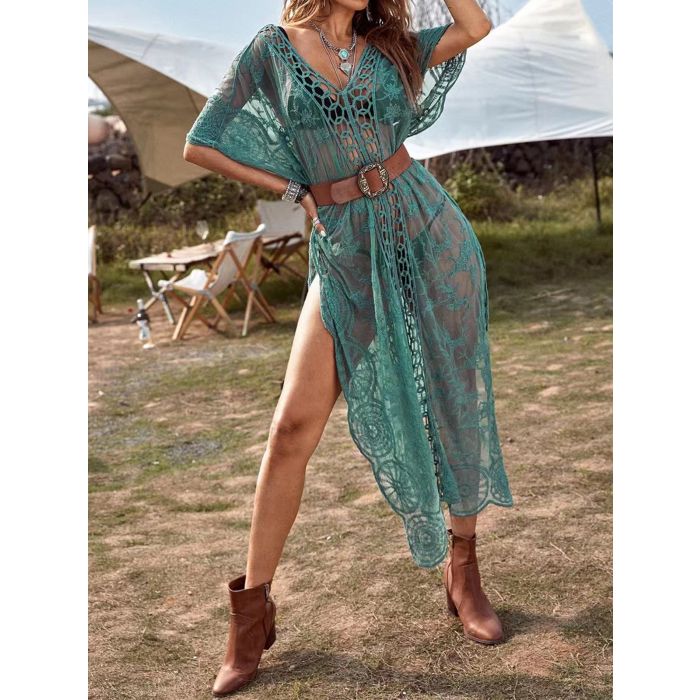 Relaxed Crochet V-Neck Cape Sleeve Embroidered Lace Beach Midi Cove…