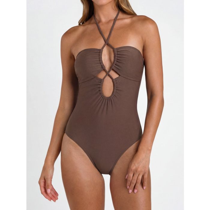 Chic Cutout Front Ruched Criss Cross Halter One-Piece Swimsuit
