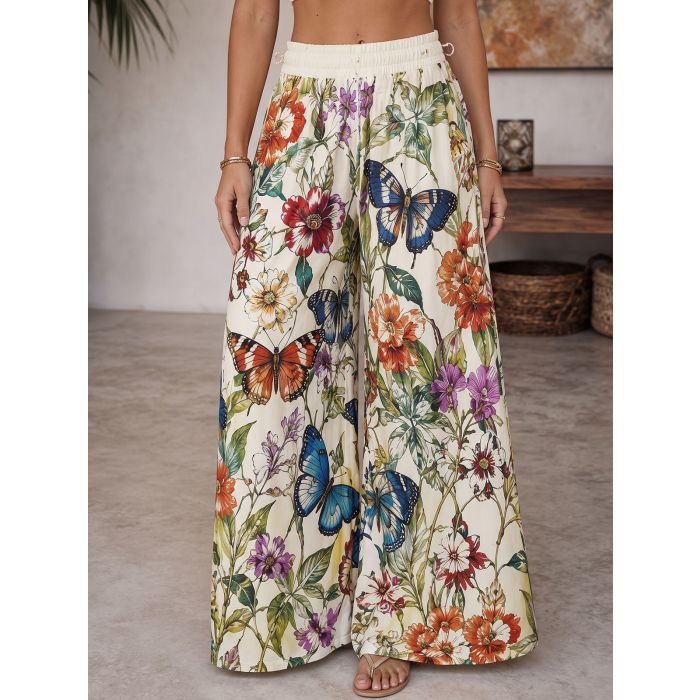 Relaxed Butterfly Floral High Waist Wide Leg Resort Palazzo Pants