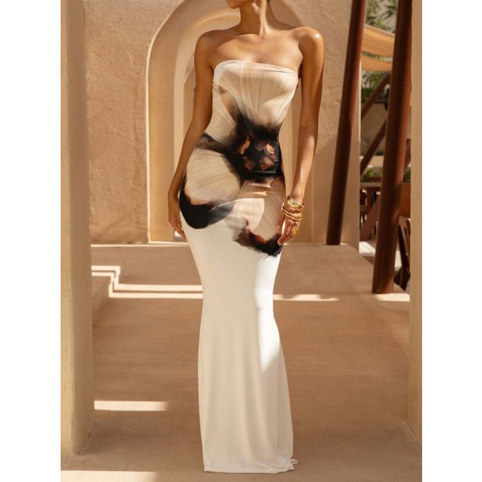 Vibrant Ombre Floral a Line Summer Resort Strapless Maxi Dress