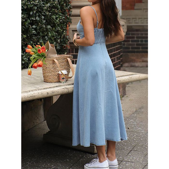 Summery V-Neck Smocked Back Resort Fit and Flare Slip Midi Dress