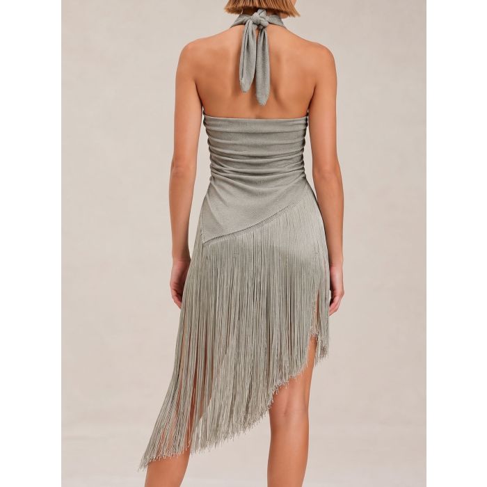 Sparkly Lurex Wrap Front Halter Tie Resort Asymmetrical Fringe Top