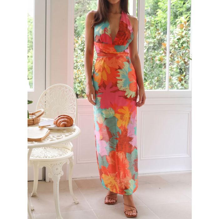 Vibrant Plunge Halter Tie Back Resort High Slit Floral Maxi Dress