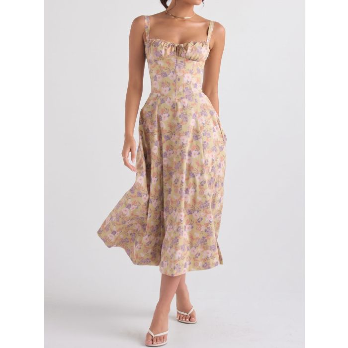 Flowy Tie Front Sweetheart Lace Up Resort Slit Floral Midi Sundress