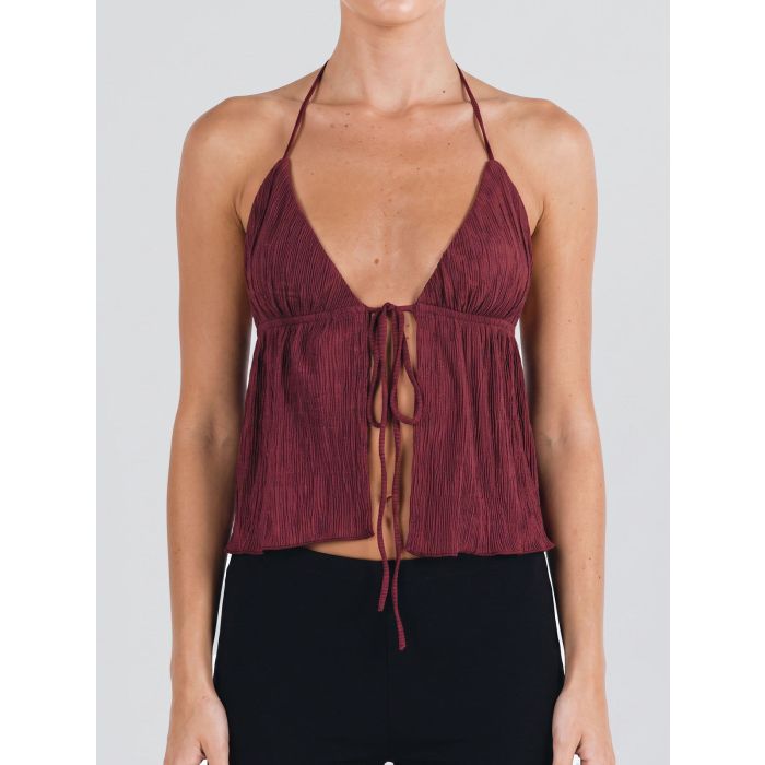 Playful Plunge Halter Neck Tie Front Slit Summer Resort Plisse Crop…