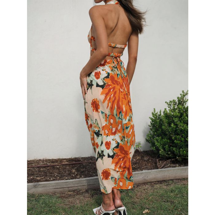 Vibrant Floral Deep V Halter O Ring Tie Back Resort Cutout Midi Dre…