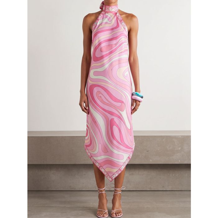 Asymmetric Scarf Satin Backless Resort Halter Midi Dress