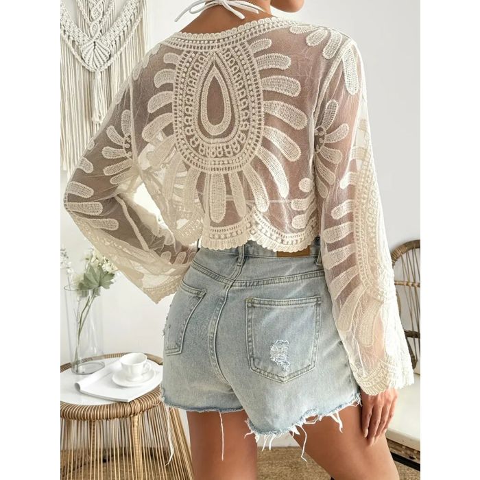 Relaxed Scalloped Crew Neck Embroidered Lace Beach Crop Cover-Up