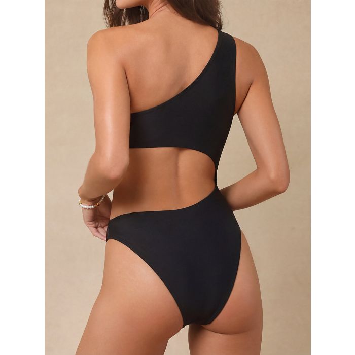 Asymmetrical Gold Ring One Shoulder Cutout One-Piece Swimsuit