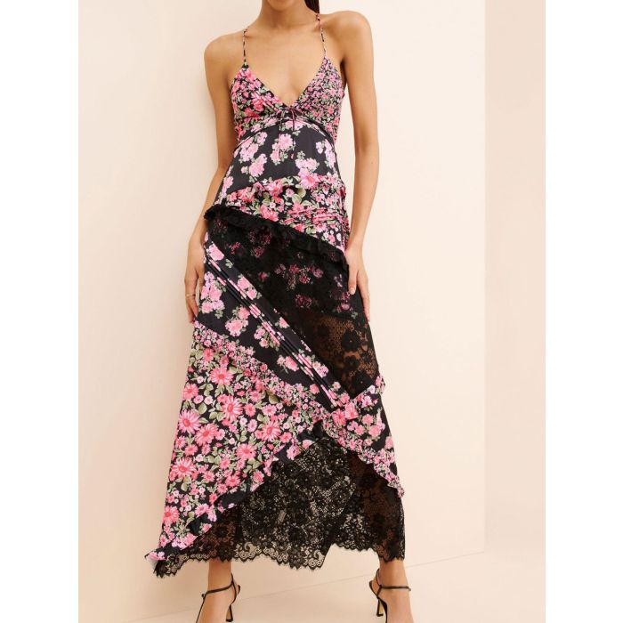 Resort Pleated V-Neck Ruffle Floral Patchwork Lace Slip Maxi Dress