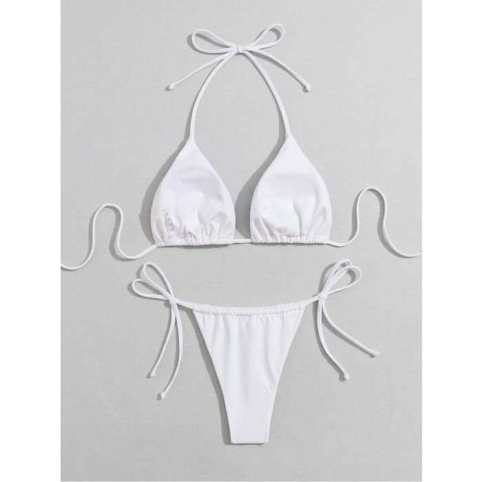 Classic Tie Side Ruched High-Cut Flattering Halter Two-Piece Bikini…
