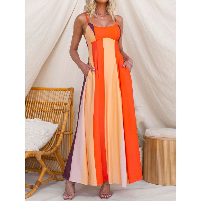 Vibrant Stripe Scoop Neck Empire Waist Resort Slip Midi Dress