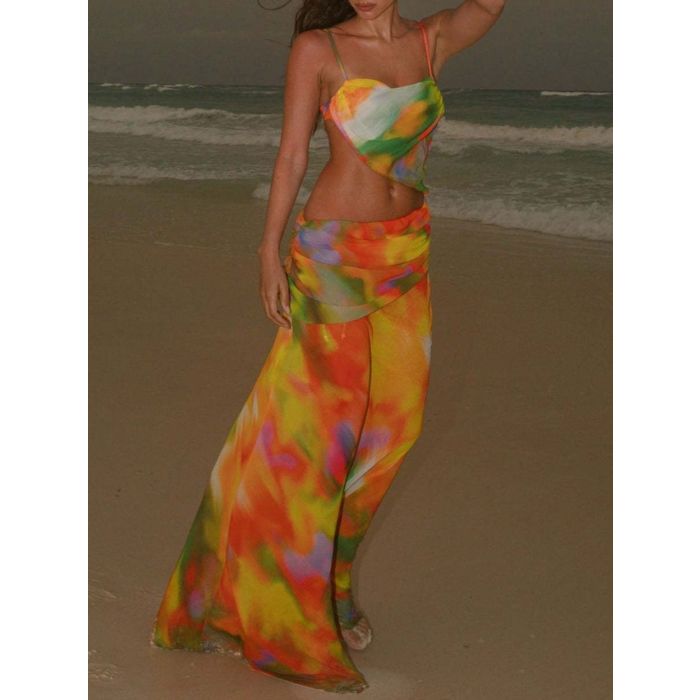 Sunshine Tie Dye Cutout Chiffon Beach Slip Maxi Dress