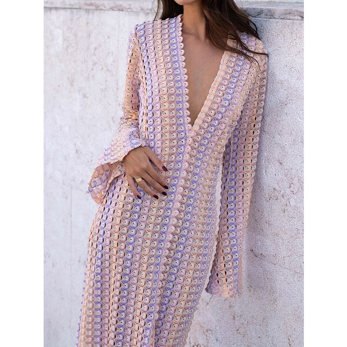 Resort Scalloped V-Neck Bell Sleeve Crochet Knit Maxi Dress