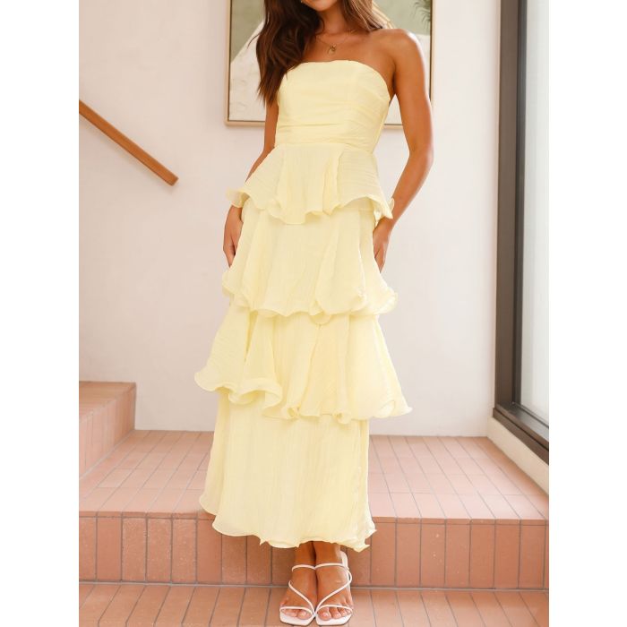 Flowy Strapless Smocked Back High Waist Resort Tiered Ruffle Maxi D…