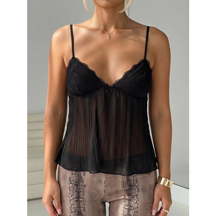 Playful Lace V-Neck Bow Plisse Babydoll Resort Spaghetti Crop Top