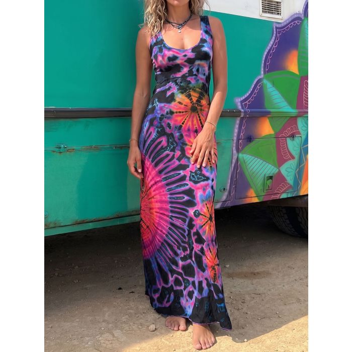 Sunburst Tie Dye Criss Cross Back Resort Summer Tank Maxi Dress