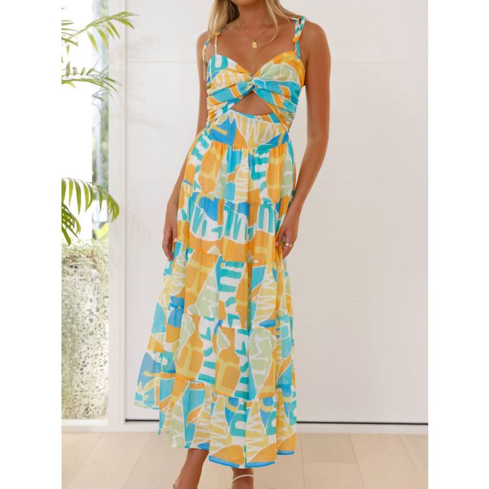Geometric Twist Sweetheart Resort Ruffle Tiered Midi Sundress