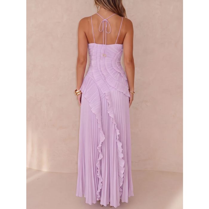 Asymmetrical Ruffle High Neck Resort Chiffon Pleated Midi Dress