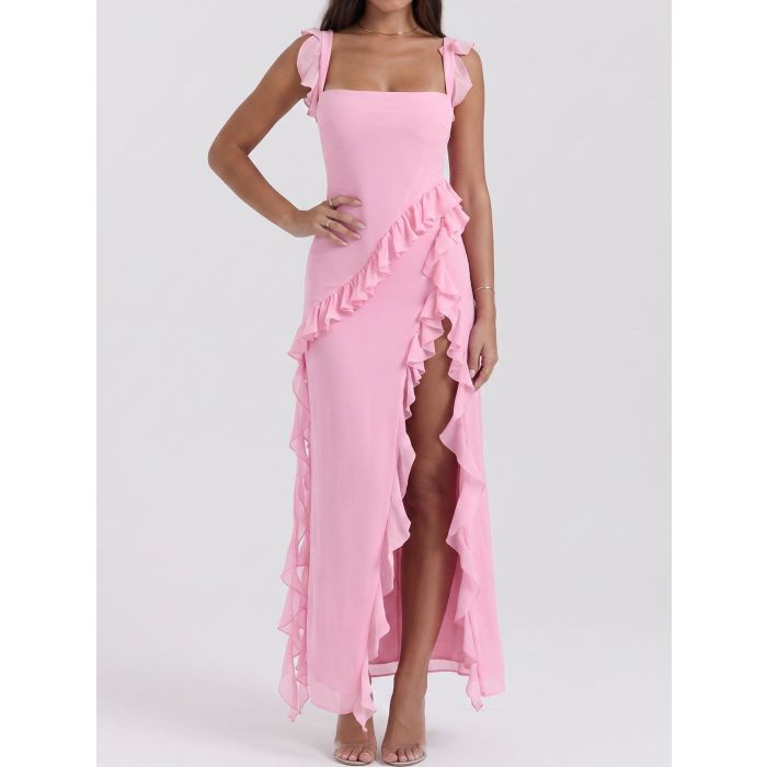 Flowy Ruffled Square Neck Sleeveless High Slit Sleeveless Midi Dress