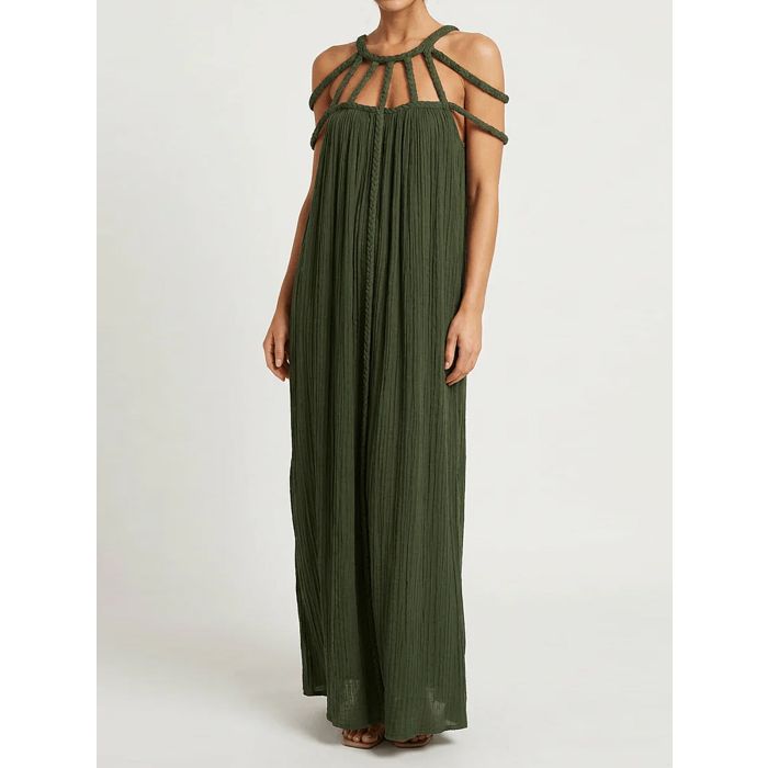 Resort Cage Neck Braided Wrap Tie Cutout Back Pleated Maxi Dress