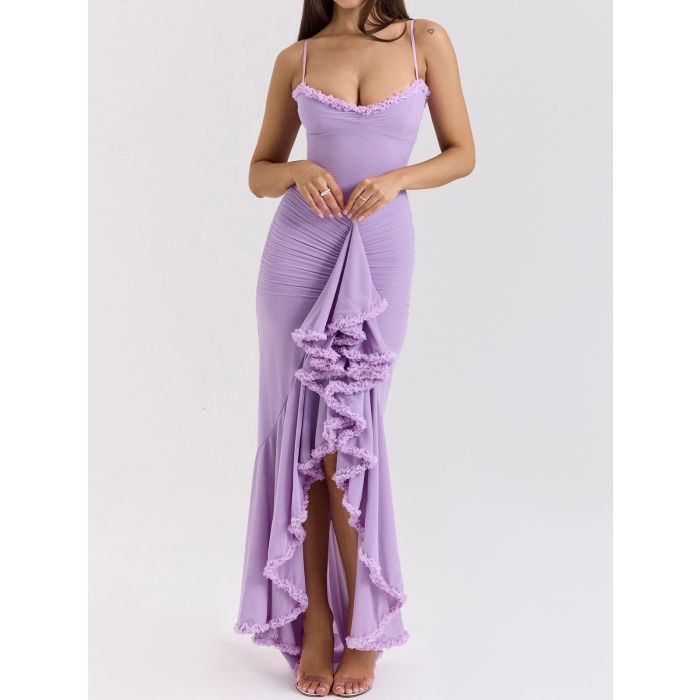 Flowy Ruffle Sweetheart Ruched Mesh Resort Sleeveless High Low Dress