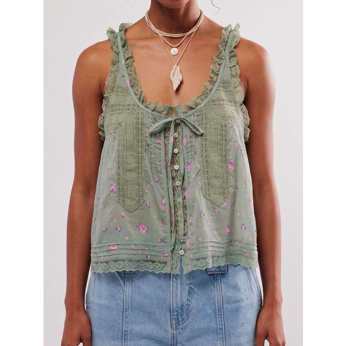 Relaxed Chic Ruffled Tie Front Button Up Resort Lace Crop Tank Top
