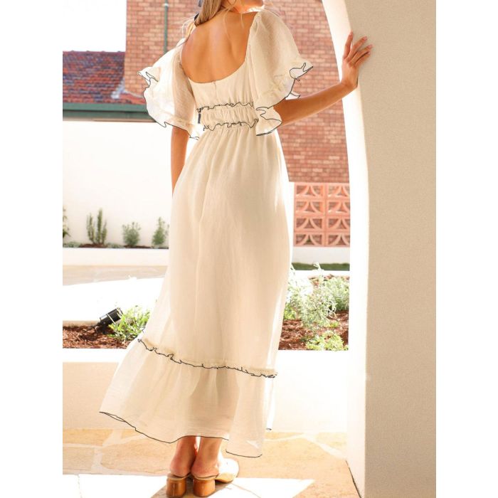 Dreamy Square Neck Contrast Ruffle Resort Puff Sleeve Midi Dress