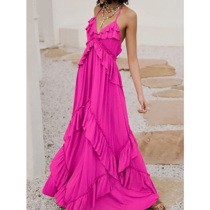 Relaxed Halter Tie Back Tiered Ruffle Resort Crinkled Babydoll Maxi…