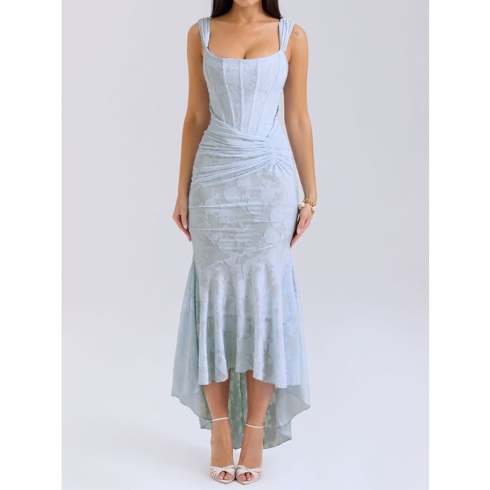 Romantic Floral Square Neck Ruched Corset Resort High Low Fishtail…