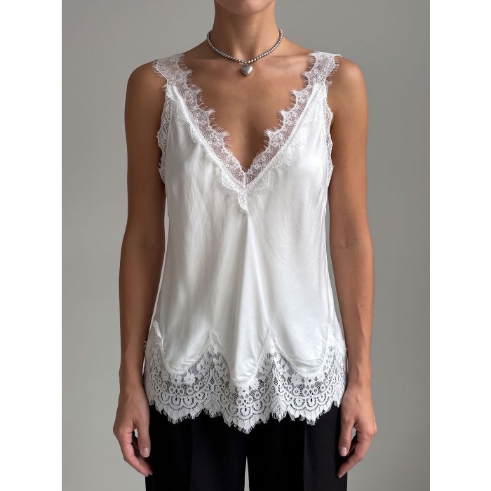 Vintage Eyelash Lace Deep V-Neck Resort Silky Satin Tank Top