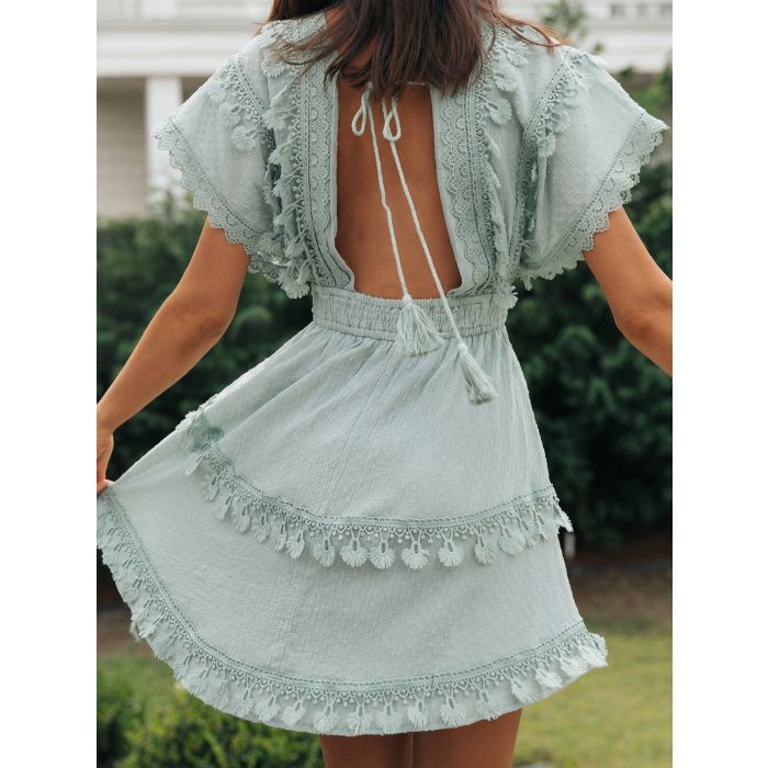 Relaxed Deep V Crochet Lace Fringe Tiered Resort Swiss Dot Mini Dre…