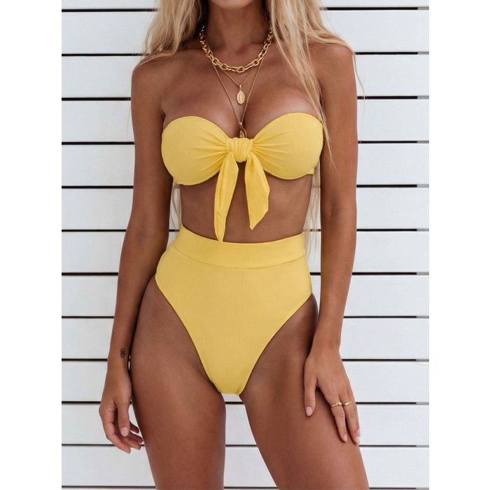 Classic High Waist High-Cut Bow Tie Ribbed Bandeau Two-Piece Bikini…