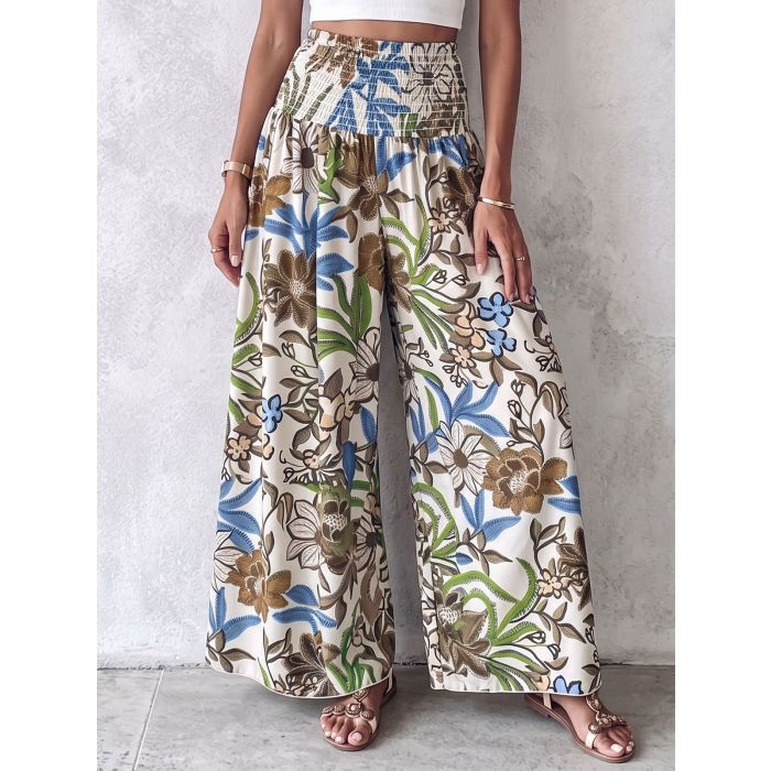 Relaxed Smocked High Waist Tropical Wide Leg Resort Palazzo Pants