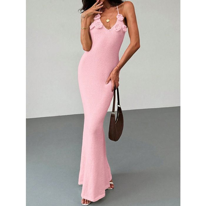 Bloom 3D Flower Deep V Halter Backless Resort Fishtail Knit Maxi Dr…
