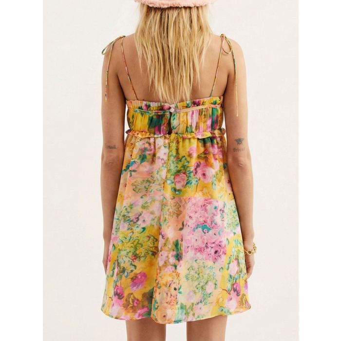 Relaxed Floral Tie Shoulder Resort Chiffon Babydoll Mini Dress