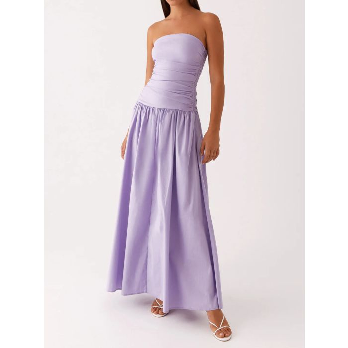 Breezy Ruched Strapless Drop Waist Resort Fit Flare Maxi Dress