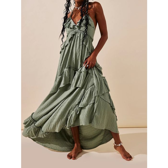 Relaxed Halter Tie Back Tiered Ruffle Resort Crinkled Babydoll Maxi…