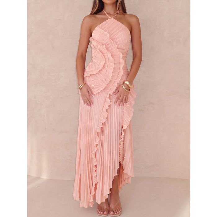 Asymmetrical Ruffle High Neck Resort Chiffon Pleated Midi Dress