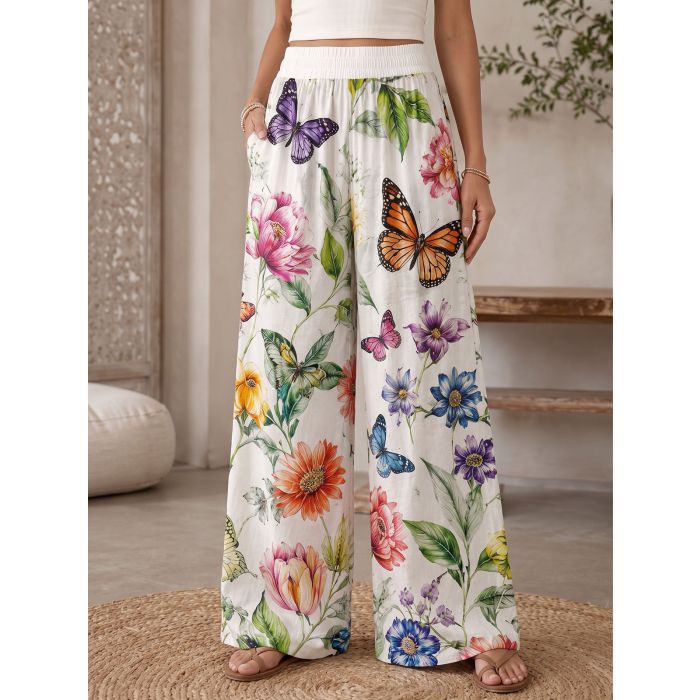 Relaxed Butterfly Floral High Waist Wide Leg Resort Palazzo Pants