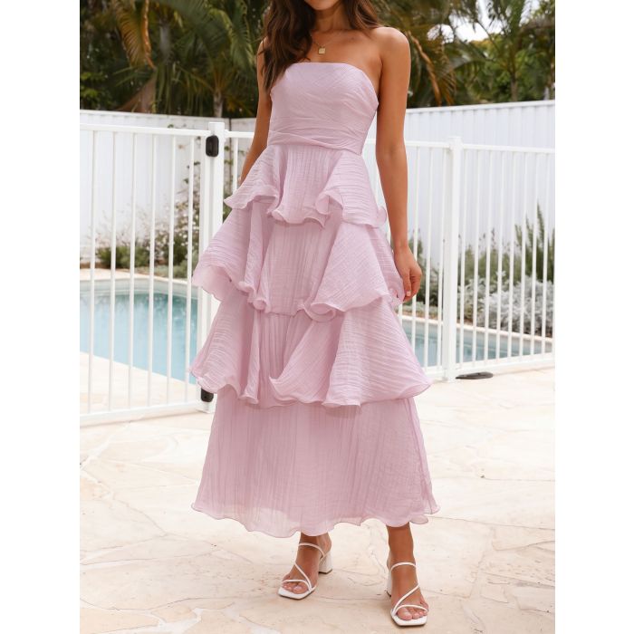Flowy Strapless Smocked Back High Waist Resort Tiered Ruffle Maxi D…