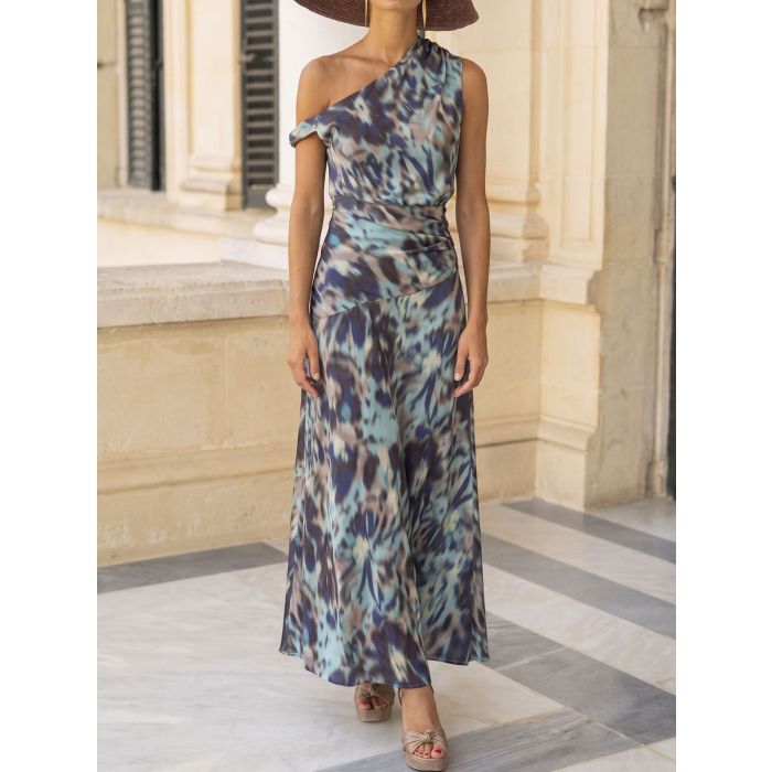 Graceful One Shoulder Drop Waist Resort Tie Dye Printed Maxi Dress