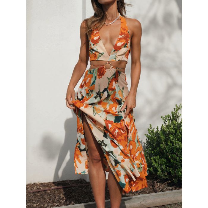 Vibrant Floral Deep V Halter O Ring Tie Back Resort Cutout Midi Dre…
