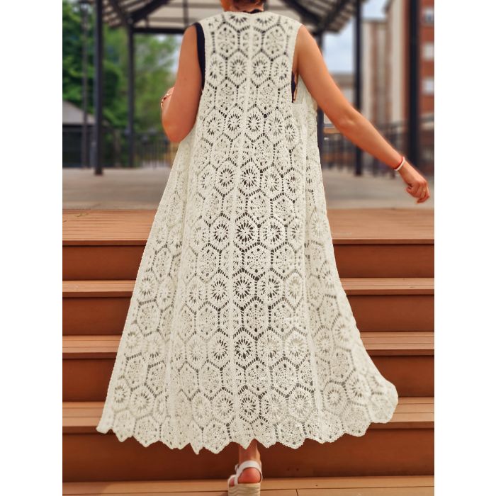 Breezy Open Front Sleeveless Crochet Knit Cover-Up Jacket